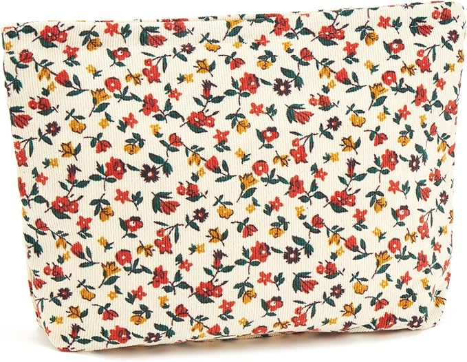 WOZEAH Floral Corduroy Makeup Bag for Purse Small Cosmetic Pouch,Stylish Zipper Make up Pouch Travel Canvas Toiletry Bags(Flower Branches 1)