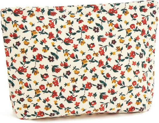 WOZEAH Floral Corduroy Makeup Bag for Purse Small Cosmetic Pouch,Stylish Zipper Make up Pouch Travel Canvas Toiletry Bags(Flower Branches 1)