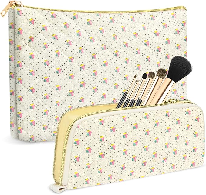 Quilted makeup bag Set for Women, Floral Cotton Makeup Bag Travel Cosmetic Pouch for Girls Make Up Organizer, Gift for Mothers Day, Birthday Gift for Her - Yellow