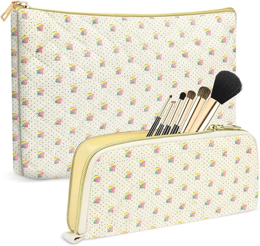 Quilted makeup bag Set for Women, Floral Cotton Makeup Bag Travel Cosmetic Pouch for Girls Make Up Organizer, Gift for Mothers Day, Birthday Gift for Her - Yellow