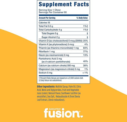Bariatric Fusion Bariatric Calcium Chews | Calcium Citrate with Vitamin D3 Calcium Supplement Bariatric Vitamin | Sugar Free Calcium Citrate Chewable | Calcium Citrate 500mg | Lemon | 60 Count