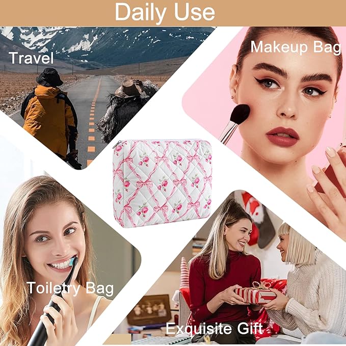Quilted Cotton Makeup Bag Travel Cosmetic Bag for Women Girls, Zipper Make Up Pouch, Bow Pattern Toiletry Organizer Makeup, Portable Storage Bag (Large/Pink Bowknot)