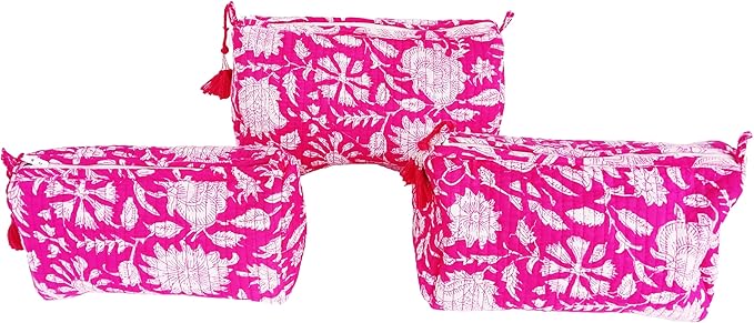 Rastogi Handicrafts Cosmetic Bags Set, 3 Piece Make Up Organizer Bag Storage Bags with Zipper Closure (3, Pink, Design-5)