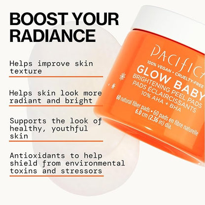 Pacifica Glow Baby Complete Skincare Set – 6 Piece Vitamin C Brightening Collection (Face Wash, Peel Pads, Booster Serum, Moisturizer, Eye Cream, Sheet Mask), 100% Vegan