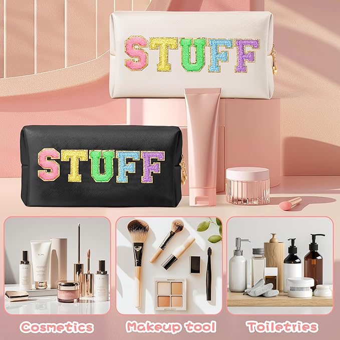 CY2SIDE STUFF Letter Makeup Bag - Colorful Stuff Chenille Letter Patch Cosmetic Bag Shell Gold PU Leather Patch Pouch Waterproof Portable Zipper Travel Organizer Christmas Idea Gifts for Women Girls
