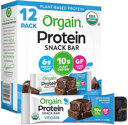 Orgain Organic Vegan Protein Bars, Chocolate Brownie - 10g Plant Based Protein, Low Calorie Healthy Snacks, No Lactose or Soy Ingredients, Gluten Free, Non-GMO - 1.41 Oz (Pack of 12)