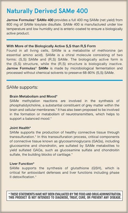 Jarrow Formulas Same 400 mg, Supports Joint Health, Liver Function, Brain Metabolism, 60 Tablets, Up to a 60 Day Supply,Pack of 12
