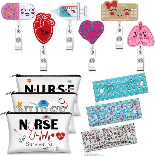 XunYee 18 Pcs Nurse Gift Survival Kit 2025 Nurse Week Appreciation Gift for Women 6 Cosmetic Makeup Bag 6 Badge Reel Retractable 6 Headband with Button Women Doctor Present for Hospital(Stylish Style)