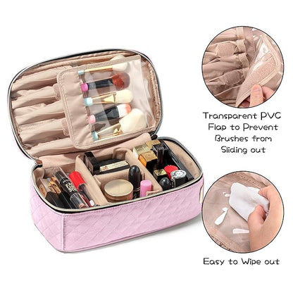 Teamoy Travel Makeup Brush Case, Makeup Train Organizer Bag with Handle for Makeup Brushes(up to 9-inch) and Essentials, Medium, Pink(BAG ONLY)