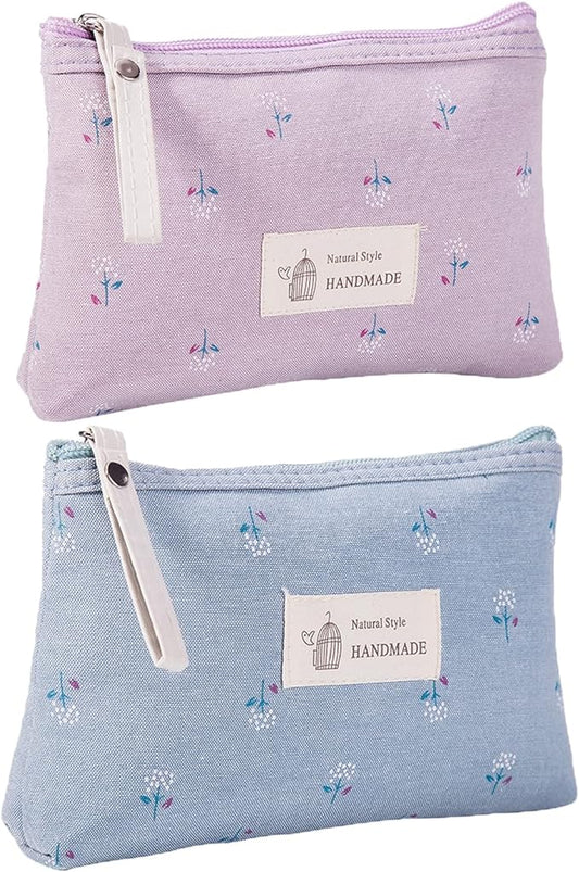 Qikuver Canvas Cosmetic Bags, 2 Pieces Cosmetic Bags for Women, Makeup bag Cute Cosmetic Bag Organizer Small Mini Makeup Pouch for Purse Toiletry Bag