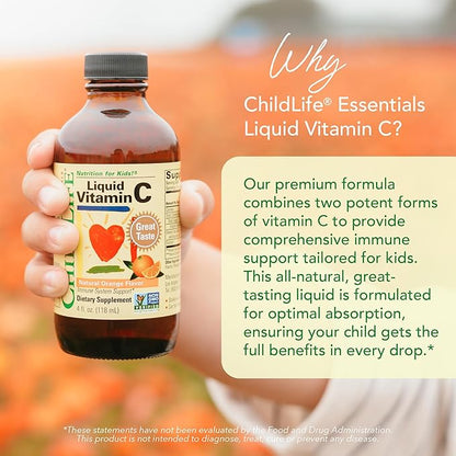 CHILDLIFE ESSENTIALS Liquid Vitamin C - Liposomal Vitamin C Liquid, Pure Vitamin C, Vitamin C for Kids, Liquid Supplement, Immune System Support, Great Taste - Natural Orange, 4 Fl Oz (Pack of 3)