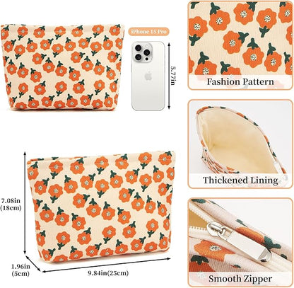 WOZEAH Floral Corduroy Makeup Bag for Purse Small Cosmetic Pouch,Stylish Zipper Make up Pouch Travel Canvas Toiletry Bags(Floral Corduroy 2)