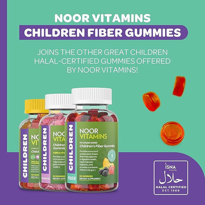 Noor Vitamins Halal Children Fiber Gummy with Prebiotic Plant Based Fiber; Sugar Free, Non-GMO, Gluten Free, Vegan Friendly Gelatin Free Halal Vitamins - 90 Count