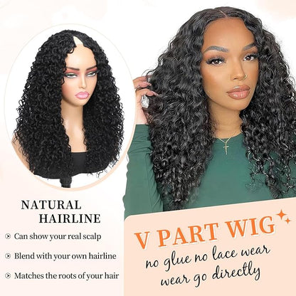 HUA V Part Wig Human Hair Kinky Curly Upgrade UPart Wigs for Black Women Human Hair Mixed Synthetic 16 Inch Vpart Wigs Curly Glueless Half Wig 180% Density Natural Black Color Beginner Friendly