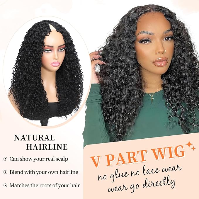 HUA 14 Inch Curly V Part Wig Human Hair Mixed Synthetic Upgrade U Part Human Hair Wig for Black Women Daily Use Glueless V Shape Wigs Afro Curly Wigs 180% Density Natural Black Color