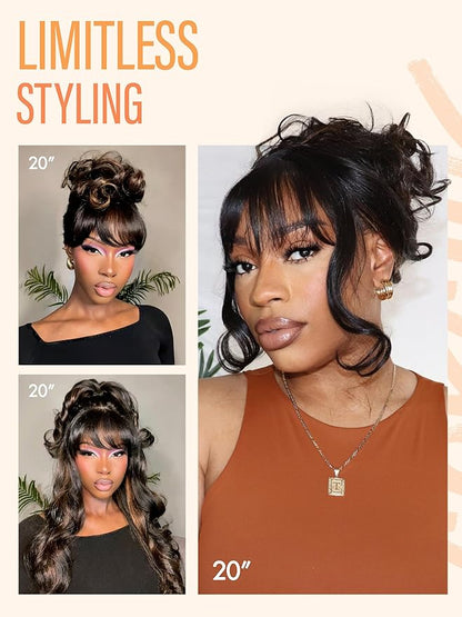 GORGIUS Glueless Wavy Wig with Bangs Highlight Brown Synthetic Curtain Bang Wig with Realistic Scalp 22 Inch