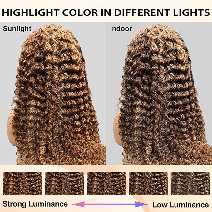 FABA Honey Blonde Highlights Lace Front Wigs Human Hair 28 Inch #4/27 Ombre Curly Human Hair Wig 180% Density Brown and Blonde for Women Highlight Deep Wave Human Hair Wig with Baby Hair