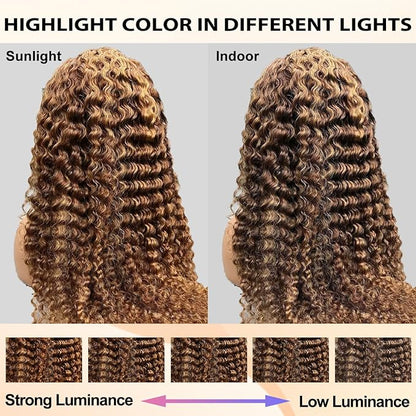 FABA Honey Blonde Highlights Lace Front Wigs Human Hair 28 Inch #4/27 Ombre Curly Human Hair Wig 180% Density Brown and Blonde for Women Highlight Deep Wave Human Hair Wig with Baby Hair