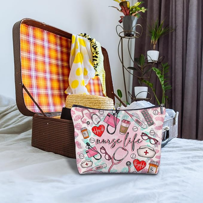 Nurse Life Nurse Makeup Bag - Nurse Gifts Nursing Bags, Nurse Graduation Gifts for Women, Pink Emergency Room ICU Nurse Cosmetic Bag