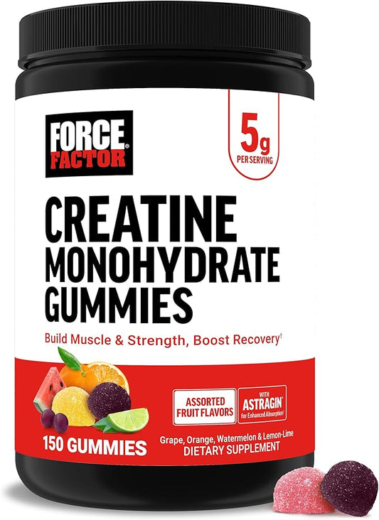 FORCE FACTOR Creatine Gummies, Creatine Monohydrate for Muscle Gain, More Strength, and Faster Recovery, Clinically Studied Creatine 5g Dose, Assorted Fruit Flavors, 30 Servings