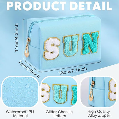 Sanwuta 4 Pcs Hair Face Skin Travel Bag Set Preppy Makeup Pouch PU Leather Skincare Bag Waterproof Cosmetic Organizer Birthday Christmas Gifts (Blue,Green,Blue Green,White,Fresh Style)