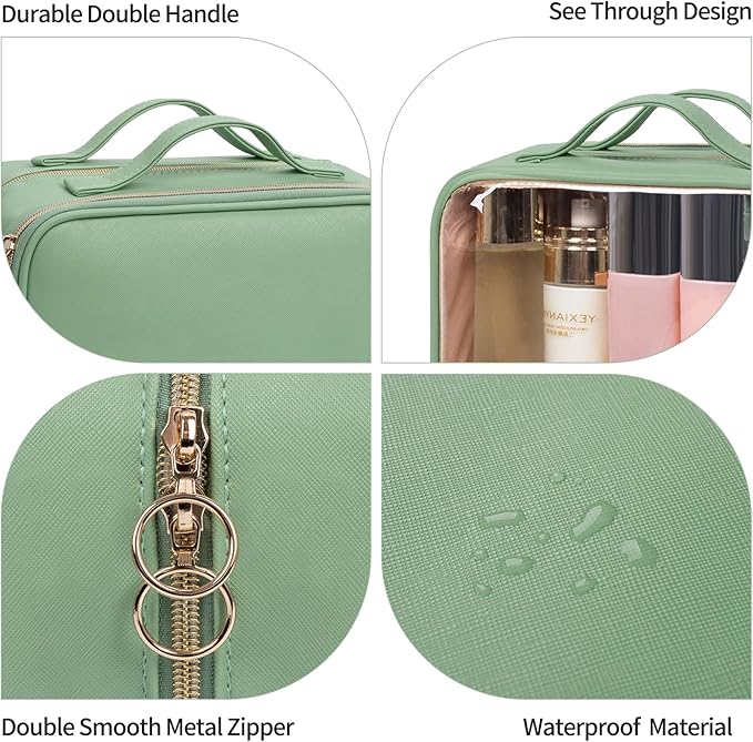 OCHEAL Makeup Bag, Double Layer Cosmetic Bag, Large Capacity New Look Clear Cosmetic Case for Women Travel Beauty Essentials, Multiple Compartments Makeup Case Organizer Zipper Pouch -Light Green