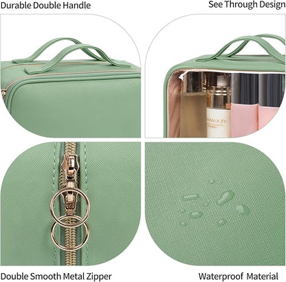 OCHEAL Makeup Bag, Double Layer Cosmetic Bag, Large Capacity New Look Clear Cosmetic Case for Women Travel Beauty Essentials, Multiple Compartments Makeup Case Organizer Zipper Pouch -Light Green