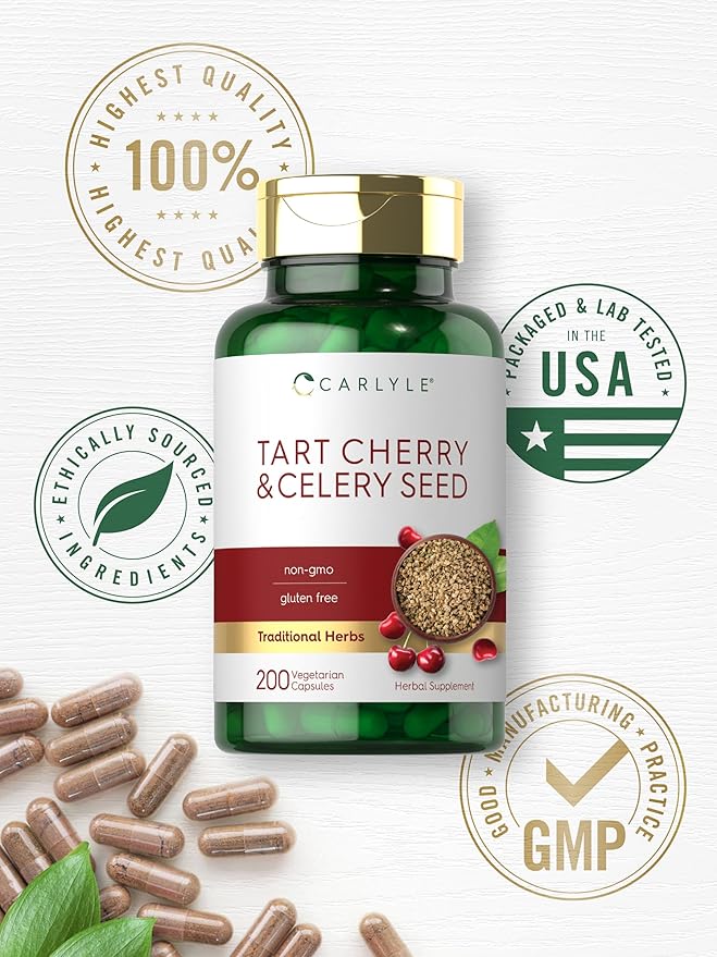 Carlyle Tart Cherry and Celery Seed Supplement | 200 Capsules | Vegetarian, Non-GMO, and Gluten Free