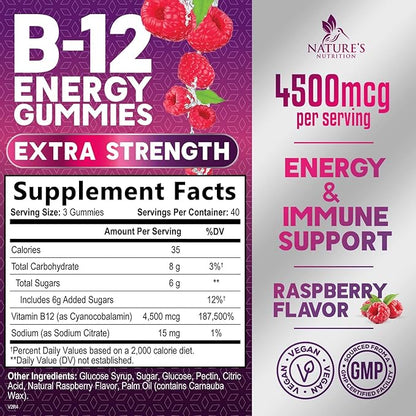 Vitamin B12 Energy Gummies - Extra Strength 4500mcg Chewable for Energy & Nervous System Health Support, B-12 Complex Gummy Vitamin for Women, Men, Kids - Non-GMO, Vegan, Berry Flavor - 120 Gummies