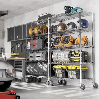 Steel Storage Shelving 5-Tier Utility Shelving Unit with Wheels, Steel Organizer Wire Rack for Home,Kitchen,Office,Garage,17.7" D x 47.2" W x 76.7" H-Chrome
