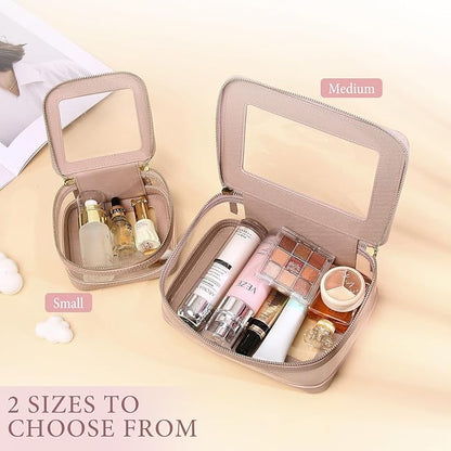 Clear Makeup Bag with Zipper Waterproof Travel Makeup Set for Cosmetics and Toiletries Women's Purse Organizer and Car Essentials (Pink, M+MINI)
