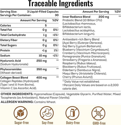 19-IN-1 Hyaluronic Acid Capsules - Hylunaric Acid 1200 mg, with Collagen Peptides, Vitamin C, Phytoceramides - Hyaluronic Acid Supplement for Skin, Eyes, Bones, Gastrointestinal (1 Pack)