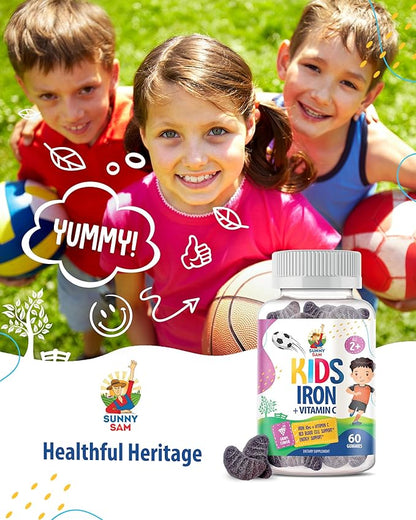 SUNNY SAM Iron Gummies for Kids & Teens - 10mg Iron Vitamins with Vitamin C - Low-Sugar Chewable Iron Gummy Supplement for Immune Support, Supports Red Blood Cell Production for Children & Teen Girls