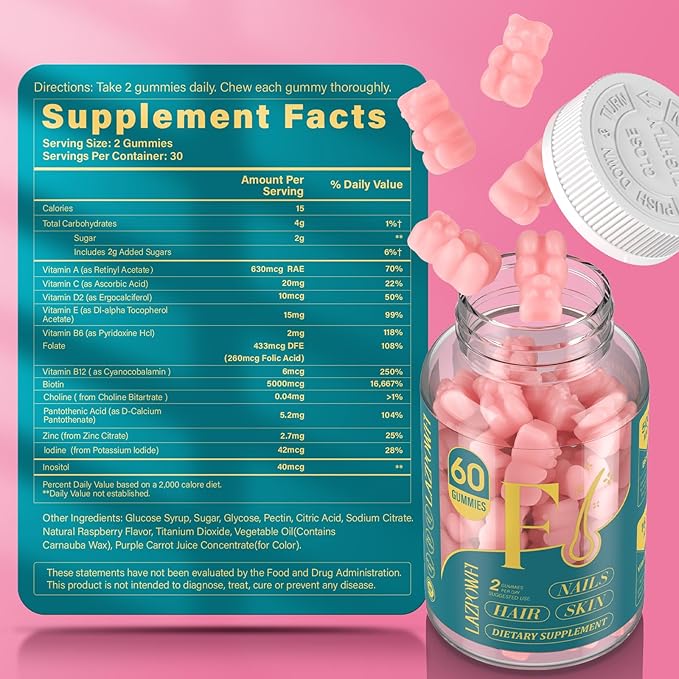 Biotin Gummies -Hair Skin and Nails Vitamins for Men & Women, Vegan Vitamin B7, Supports Hair Growth and Stronger Nails,30 Day Supply - Raspberry-60 Count
