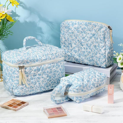 Paterr 3 Pieces Cotton Quilted Makeup Bag Set Coquette Cosmetic Bag Aesthetic Travel Toiletry pouch Cute Pouch Kawaii Aesthetic for Women(Blue,Floral)
