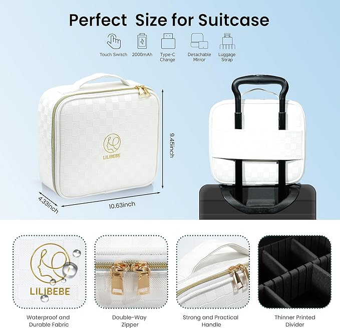 Makeup Bag with Light up Detachable Mirror 3 Color Scenarios Adjustable Brightness Large Cosmetic Organizer Storage Adjustable Dividers Waterproof Makeup Brushes Toiletry Gift White
