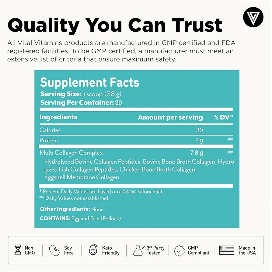 Vital Vitamins Multi Collagen Peptides Powder - Unflavored, Easy to Dissolve - Type I, II, III, V, X - for Women & Men - Promotes Hair, Skin, Nails, & Joint Health - 30 Servings