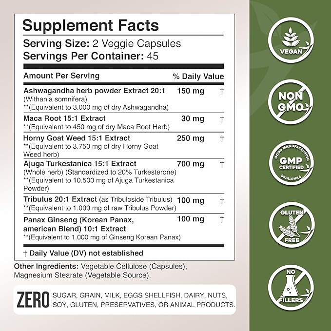 Ashwagandha - Maca Root - Horny Goat Weed - Turkesterone - Tribulus - Ginseng, 90 Capsules - Made in USA