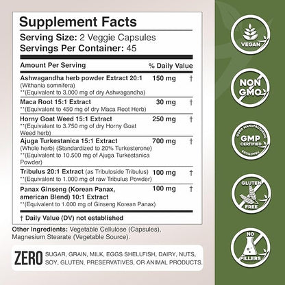 Ashwagandha - Maca Root - Horny Goat Weed - Turkesterone - Tribulus - Ginseng, 90 Capsules - Made in USA