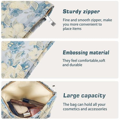 ZLFSRQ Flower Makeup Bag for Women Girls Travel Cute Floral Cosmetic Bags Large Cosmetic Pouch Purse with Zipper Portable Toiletry Bag Aesthetic Embossed Blue Beige Makeup Brushes Storage Organizer