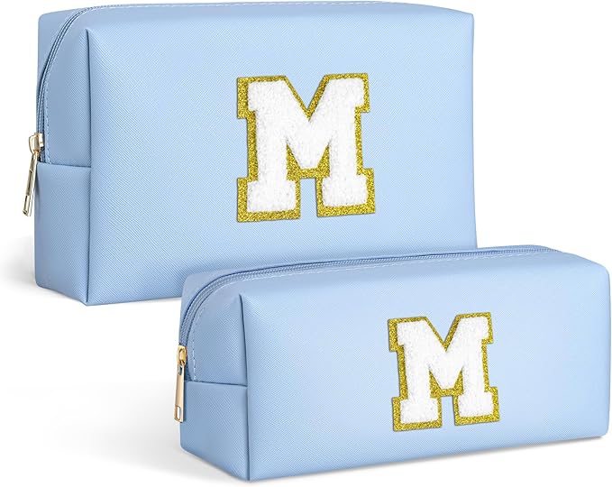 TOPEAST Initial Makeup Bag, Preppy Portable Chenille Letter Cosmetic Bag with Zipper, 2 PCS PU Leather Waterproof Makeup Pouch Makeup Organizer Bag Preppy Stuff For Female, Blue M