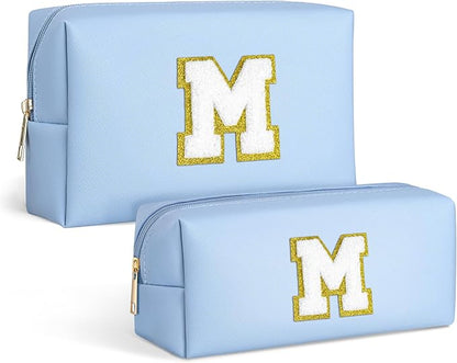 TOPEAST Initial Makeup Bag, Preppy Portable Chenille Letter Cosmetic Bag with Zipper, 2 PCS PU Leather Waterproof Makeup Pouch Makeup Organizer Bag Preppy Stuff For Female, Blue M