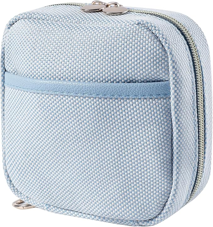 Small Canvas Makeup Bag with Compartments for Purse, Wide-open Makeup Pouch with Zipper and Keychain, Key Pocket Lipstick Bag Travel Organizer Bag (03Light Blue)