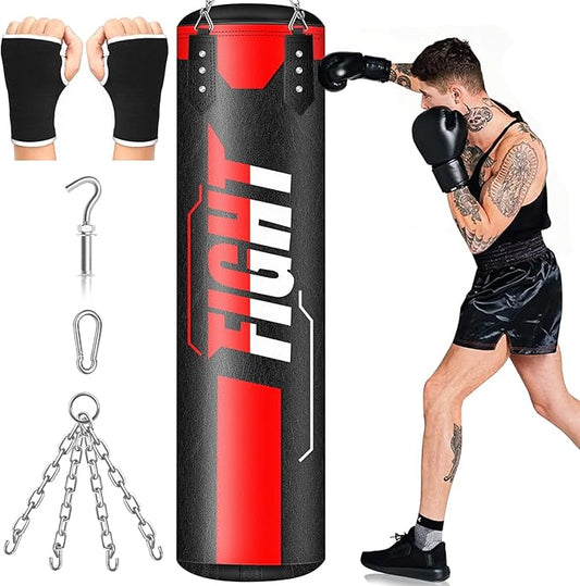 Hanging Punching Bag for Adults, 4ft PU Leather Heavy Boxing Bag Set, Hanging Bag Boxing Equipment for MMA Karate Kickboxing Boxing Home Gym