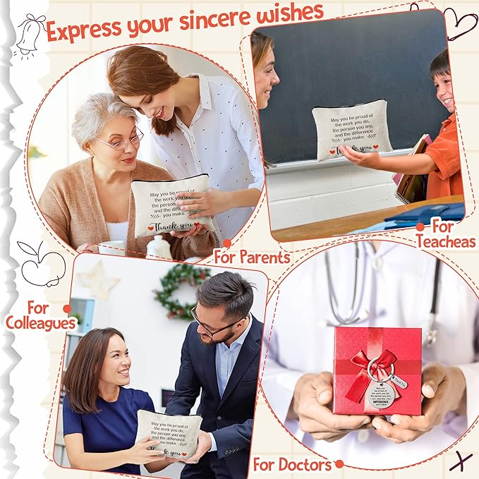 WATINC Appreciation Keychain Thank You Gifts Set - 6Pcs Thank You Key Chains & 6Pcs Proud of You Make a Difference Makeup Cosmetic Bags Inspirational Presents Bulk for Teacher Man Wowen