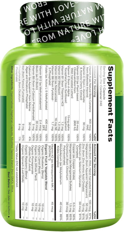 NATURELO One Daily Multivitamin for Women - Energy Support - Whole Food Supplement to Nourish Hair, Skin, Nails - Non-GMO - No Soy - Gluten Free - 240 Capsules | 8 Month Supply
