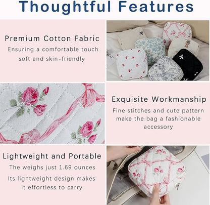 Small Quilted Cotton Makeup Bag for Purse, Cosmetic Bag with Compartments, Cotton Aesthetic Makeup Bag, Travel Toiletry Pouch, Key Pocket Lipstick Bag Card Holder Data Cable Organizer (04Pink Bow)