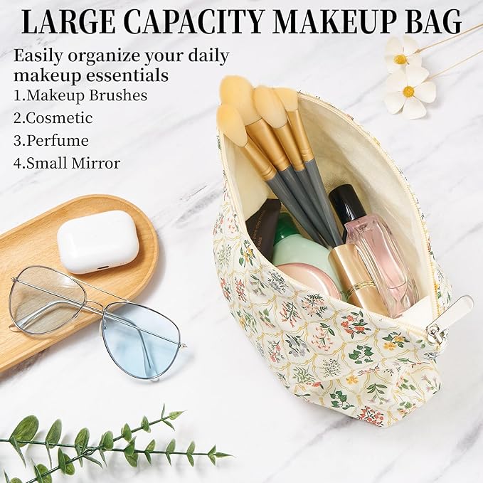 WOZEAH Floral Makeup Bag for Purse Small Cosmetic Pouch,Stylish Zipper Make up Pouch Travel Canvas Toiletry Bags(Rhombic Flower)