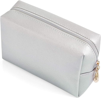 PU Leather Cosmetic Bag for Women Minimalism Makeup Bag for Daily Use Portable Storage Purse Small Neat Cosmetic Pouch Water-resistant Toiletry Bag for Travel (Silver)