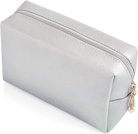 PU Leather Cosmetic Bag for Women Minimalism Makeup Bag for Daily Use Portable Storage Purse Small Neat Cosmetic Pouch Water-resistant Toiletry Bag for Travel (Silver)